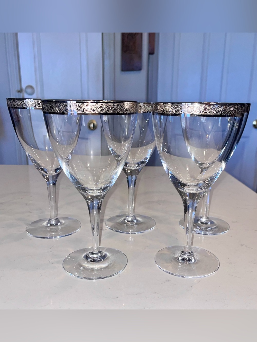 Vintage 1960’s Fostoria Mantilla Platinum Rims wine water glasses set of 5